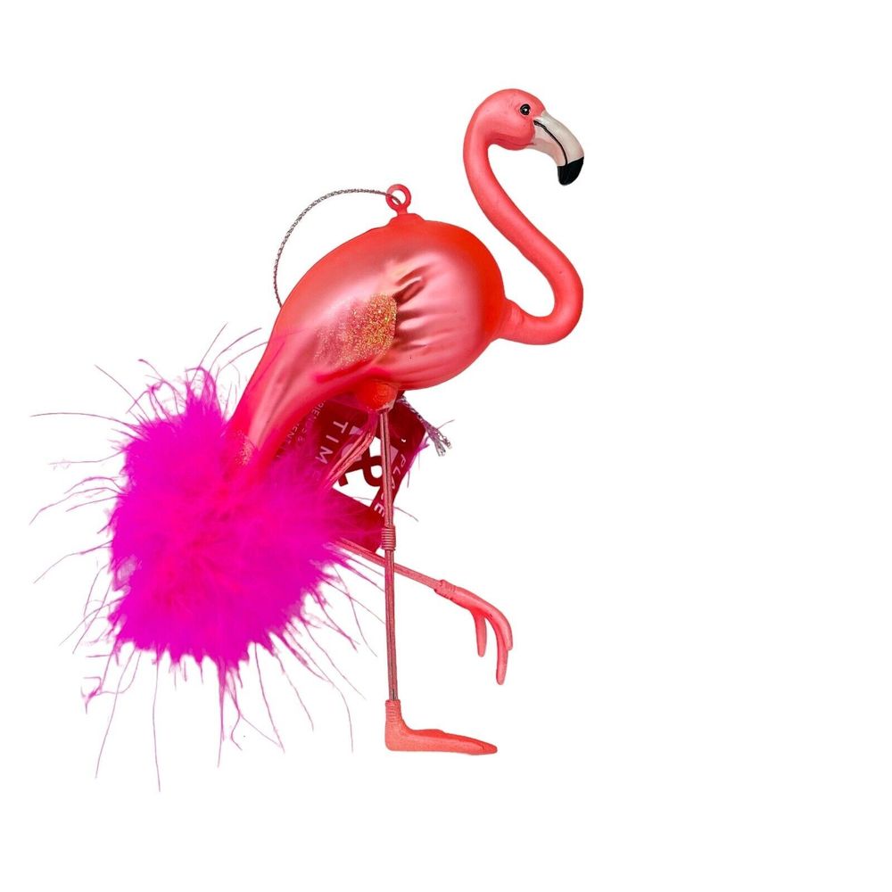 Pink flamingo Glass Christmas Ornament NWT Place & Time 5.5” Tall Tail Feather